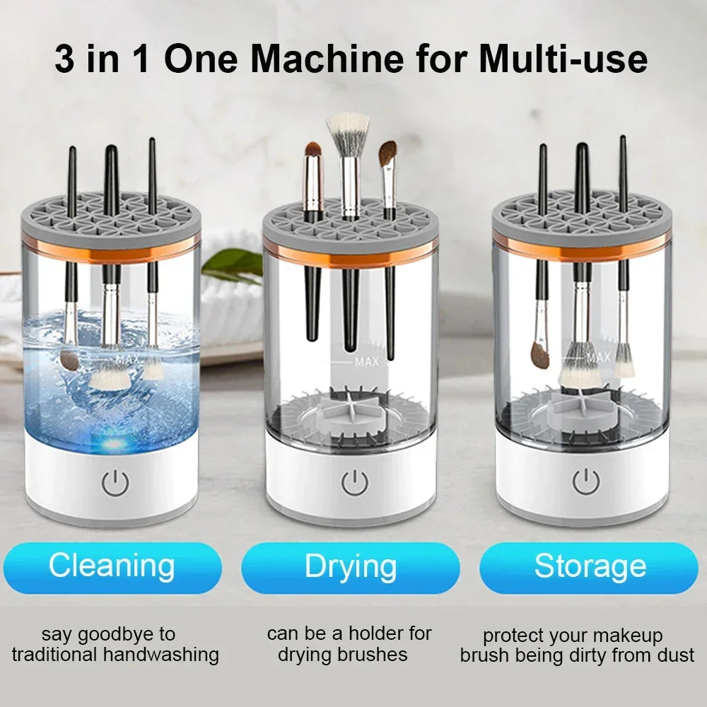 Three-in-one makeup brush cleaning, drying, and storage machine on a white background.