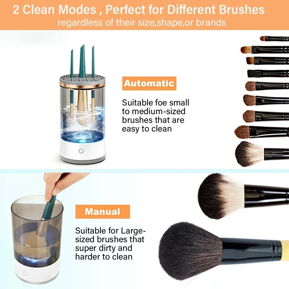 Makeup brush cleaning device with different brush sizes and cleaning modes.